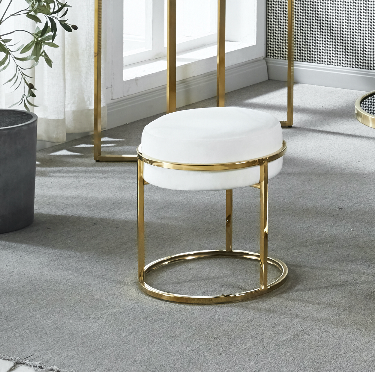 Interior Ave - Soho White Velvet & Gold Ottoman Footstool